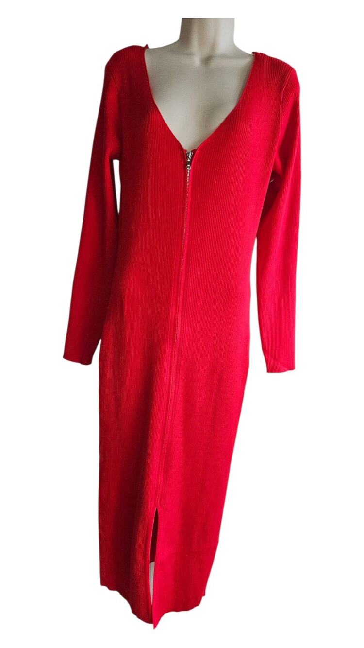 Women's Sexy Feminine Red Maxi Full Zippered Stretchy Sweater Bodycon Dress XL